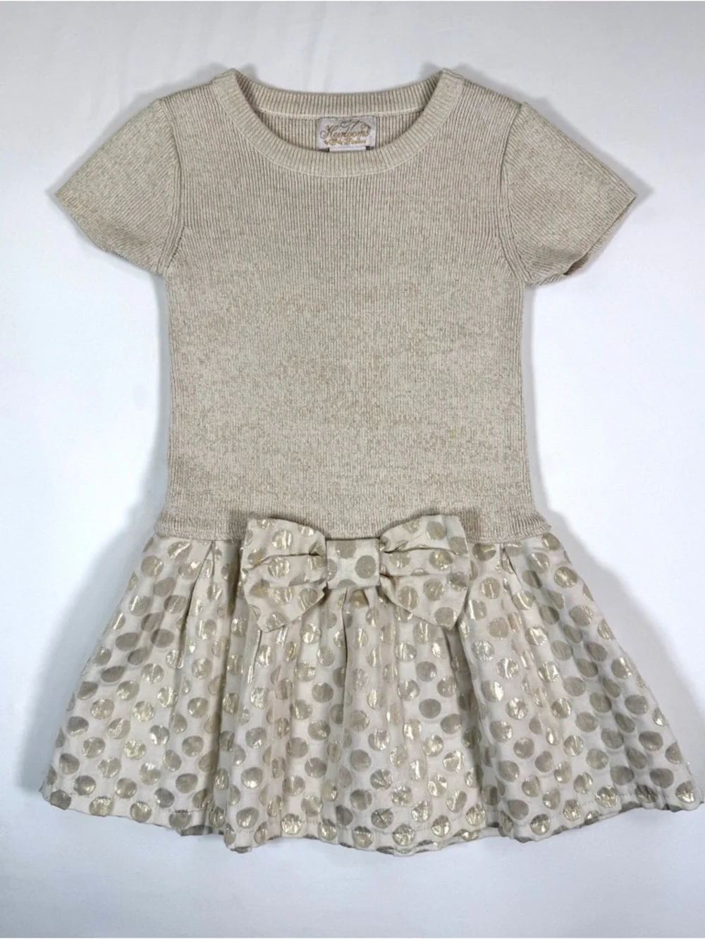 HEIRLOOMS By Polly Flinders Girls Dress Size 5/6 Medium Gold Polka Dot Bow‎ Knit